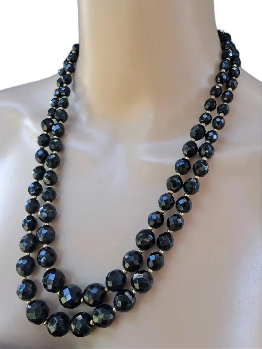 Vintage Mid-Century Double Strand Black Faceted Glass Bead Necklace - MCM Glam